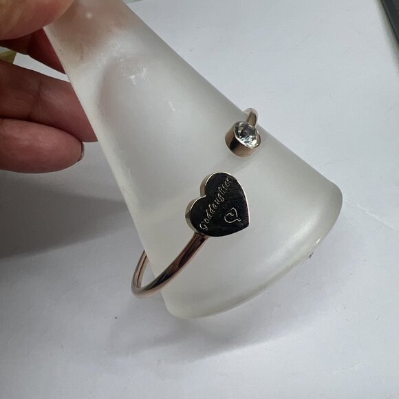 Pink Gold Plated Open Cuff Bangle, Heart Goddaughter Crystal - Picture 2 of 6